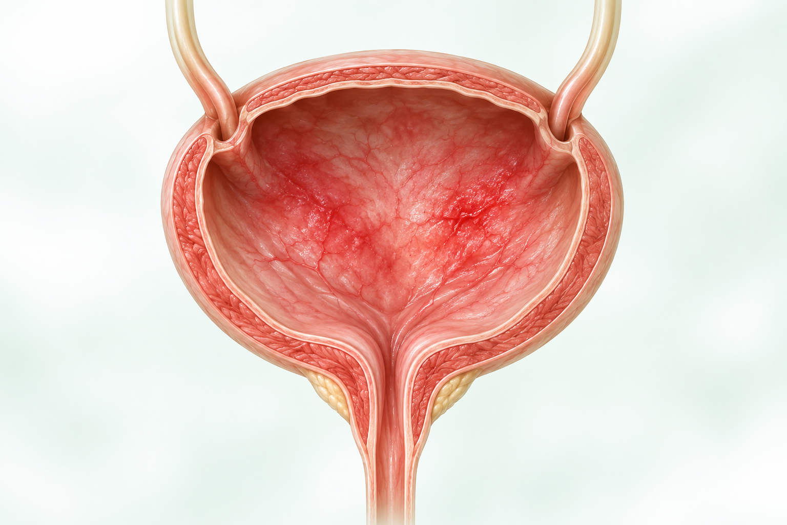 방광 단면과 자극받은 내부 점막을 표현한 방광염 설명용 의료 일러스트